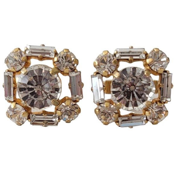 Gold Tone Round Baguette Clear Rhinestone Square Cufflinks E223 - Picture 3 of 11